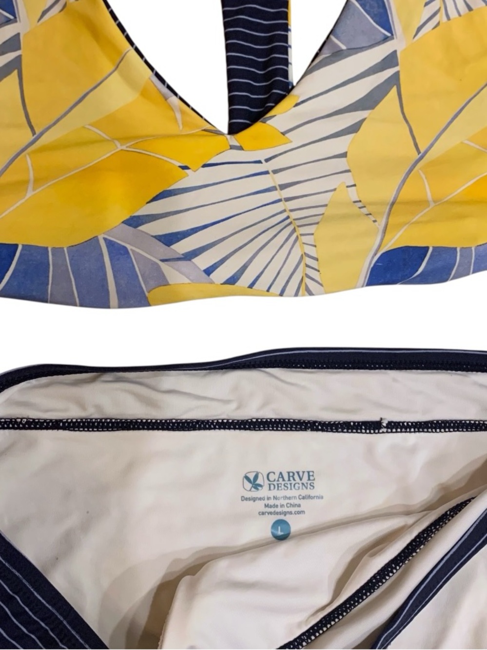 Carve Designs Reversible Yellow & Navy Tropical Leaf Stripes Bikini Set Large - Picture 7 of 7